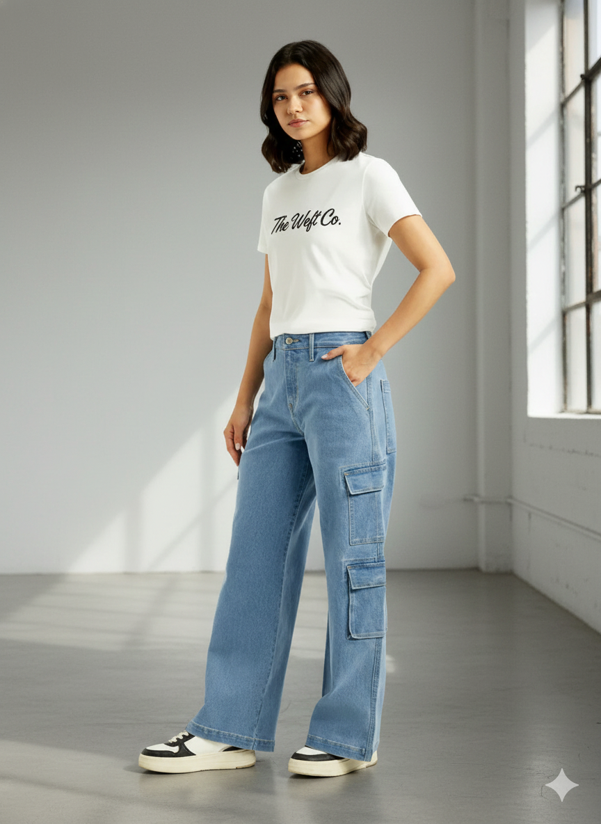 Women's Medd Indigo Baggy Fit Mid Rise Cargo Jeans (100% Cotton)